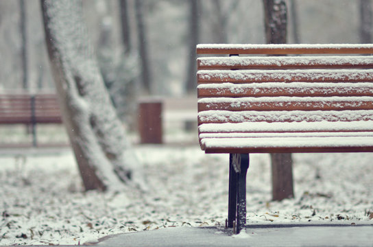 Simple wooden bench in snowy white landscape