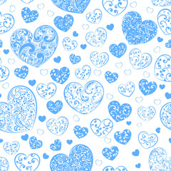 Seamless pattern of hearts, blue on white
