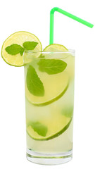 Fruit lemonade with lime and ice cubes and leaf mint in a highba