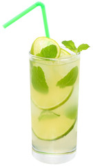 Fruit lemonade with lime and ice cubes and leaf mint in a highba