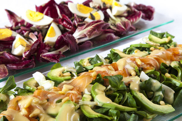Salads, salmon, organic vegetables, Hard-boiled eggs