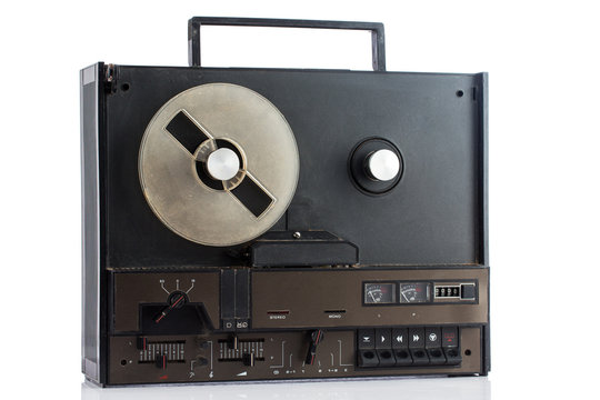 Retro tape recorder on white background