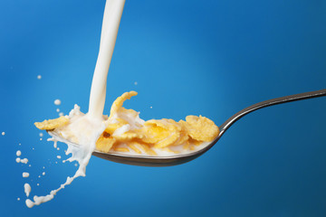 Fototapeta na wymiar milk splashing into spoon with cornflakes