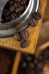 Manual coffee grinder and roasted beans