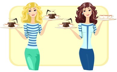Cute Waitress with Tea and Coffee in the Restaurant, Vector