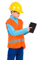 Little construction worker with a digital tablet