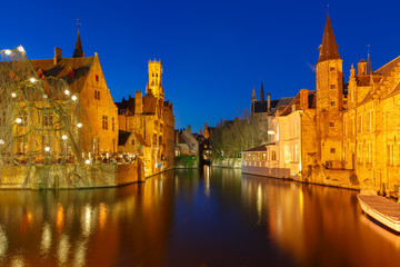 Night Cityscape with a tower Belfort from Rozenhoedkaai in Bruge