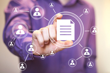 Businessman touch button file icon communication sign.