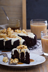 Chocolate cake with cream glaze and caramel