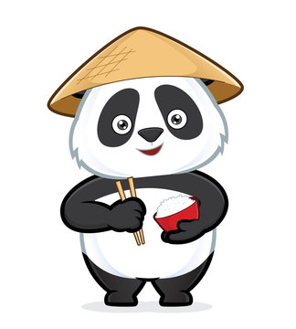 Panda holding a bowl of rice and chopsticks