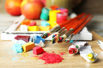 Beautiful still life with professional art materials, close up