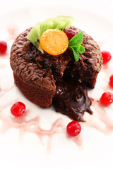 Hot chocolate pudding with fondant centre, close-up