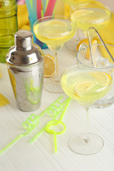 Glasses of fruit cocktails in party close-up