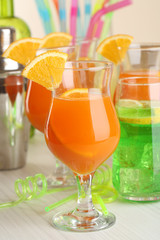 Glasses of fruit cocktails in party close-up