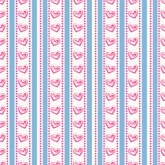 Striped pattern with hearts. Vector seamless background.