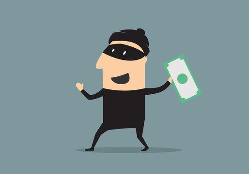 Masked thief with money in cartoon style