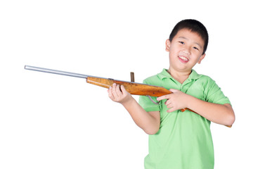Boy and toy gun rifle isolated on the white background
