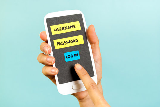 Conceptual touchscreen phone with login form on blue background