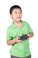 Boy holding a radio remote control for helicopter, drone, plane