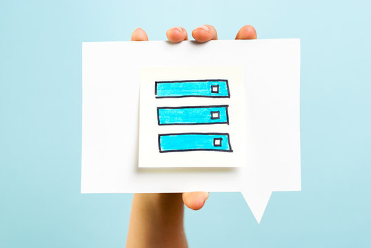 Hand showing speech bubble with check list concept.