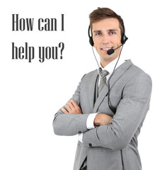 Call center operator and How can I help you? text, isolated