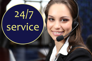 Call center operator and 24/7 service text in cloud