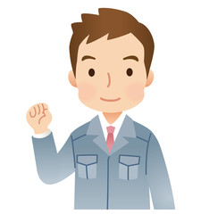 ガッツポーズする男性　作業着