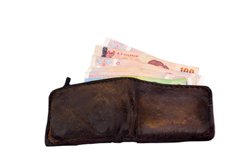 thai money in wallet with isolated white background