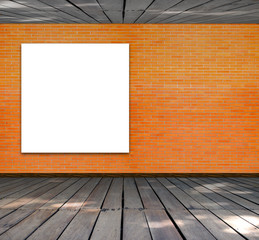 Blank frame on brick wall and wood floor for information message