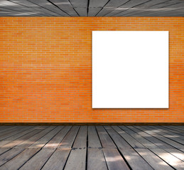 Blank frame on brick wall and wood floor for information message