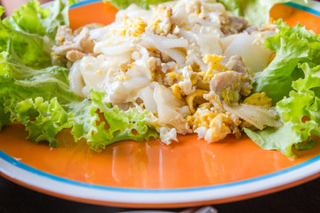 Stir fried fresh rice noodles with chicken and egg