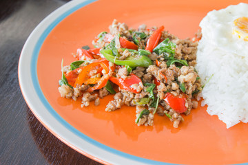 Rice with stir fried hot and spicy pork with basil and fried egg