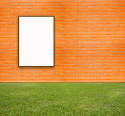 Blank Poster with brick wall and green lawn