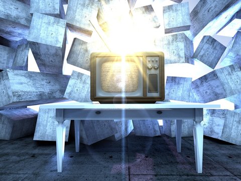 A retro TV set in an grunge dark interior with light beams