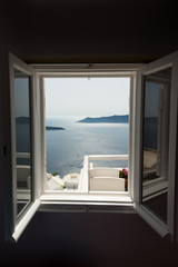 Window with caldera view in Santorini hotel