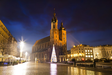 The Main Market Square in Krakowat night, Poland
