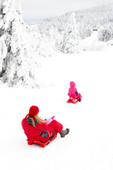 mother and her little daughters with bobs in snow