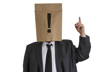 Man with Paper Bag with exclamation mark on his head pointing up