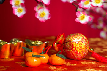 chinese new year decorations on cherry blossom tree