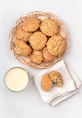 Oatmeal cookies and milkshake, top view