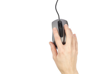 woman hand over computer mouse isolated over white