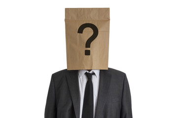 Man with Paper Bag with question mark on his head