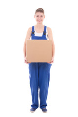 young attractive woman in blue coveralls with cardboard box isol