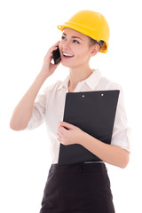 young beautiful business woman architect in builder helmet talki