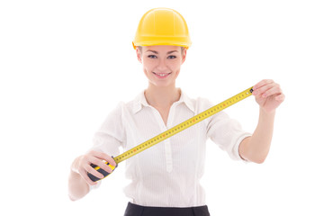 happy business woman architect in yellow builder helmet measurin