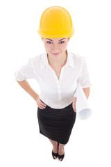 portrait of funny business woman architect in yellow builder hel