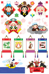 2016年申年年賀状用イラストカットデザイン素材集（三猿・扇・岩風呂・掛け軸・釣り・祝酒）カラフル６点