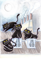 Black Stray Cats On The Roofs #2