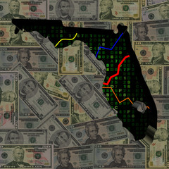 Fototapeta na wymiar Florida map with hex code and graphs on dollars illustration