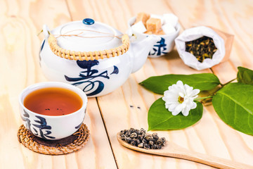 Chinese set of tea on wooden table